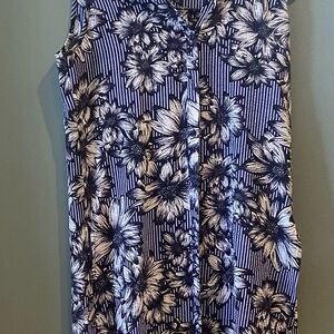 Navy Floral Striped Sleeveless Dress